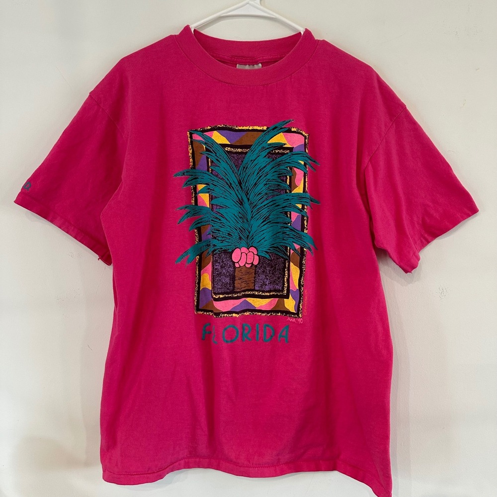 VTG 90s Souvenir Tropical Florida SeaWorld Jana Artwork T-Shirt Pink Cotton XL